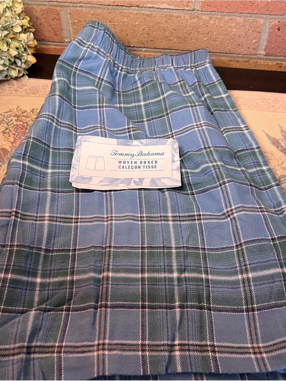 Tommy Bahama Light Blue and Green Plaid Woven Boxers